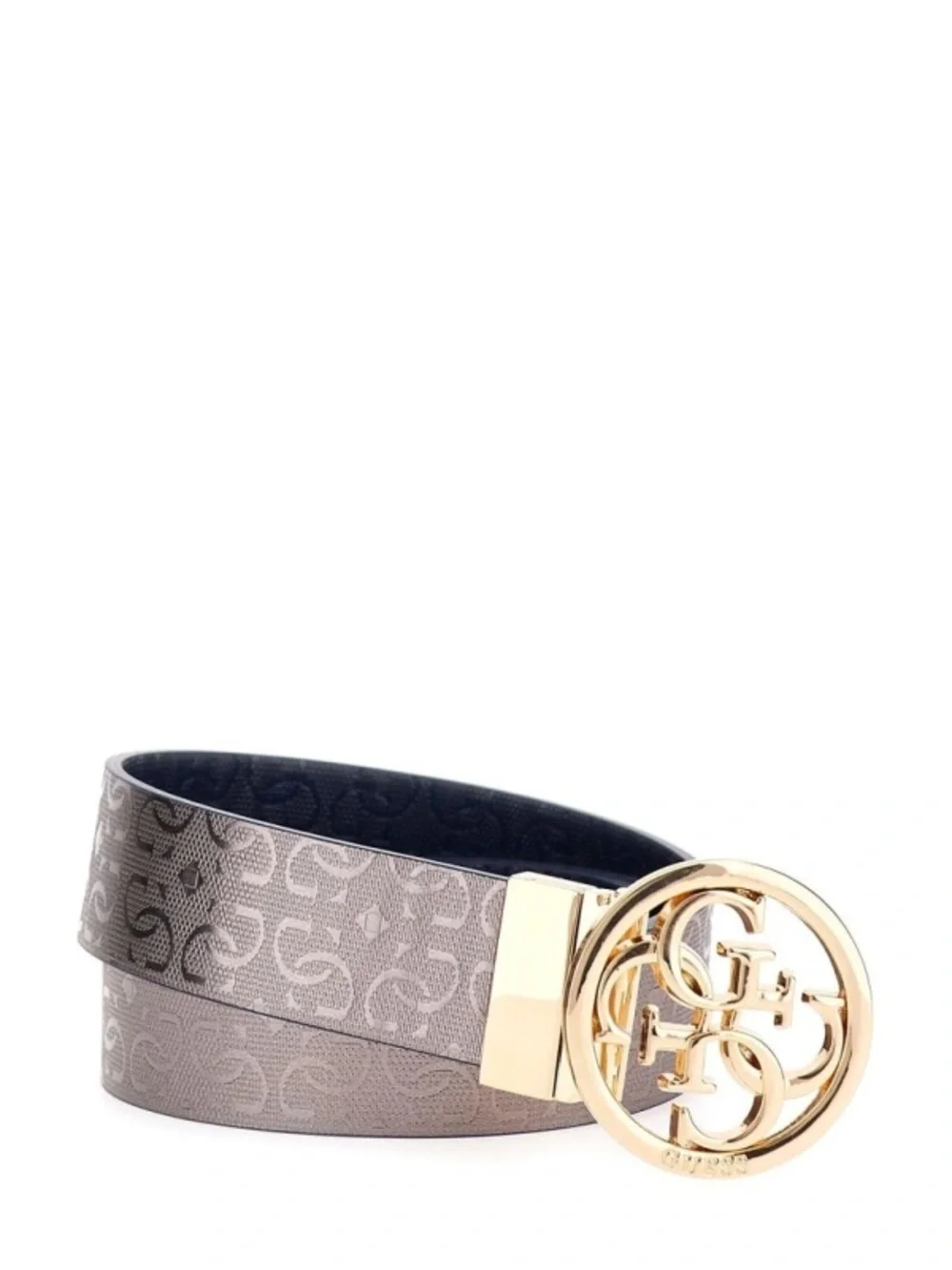 NewGuess Navy Signature Logo Belt with Gold Round Buckle